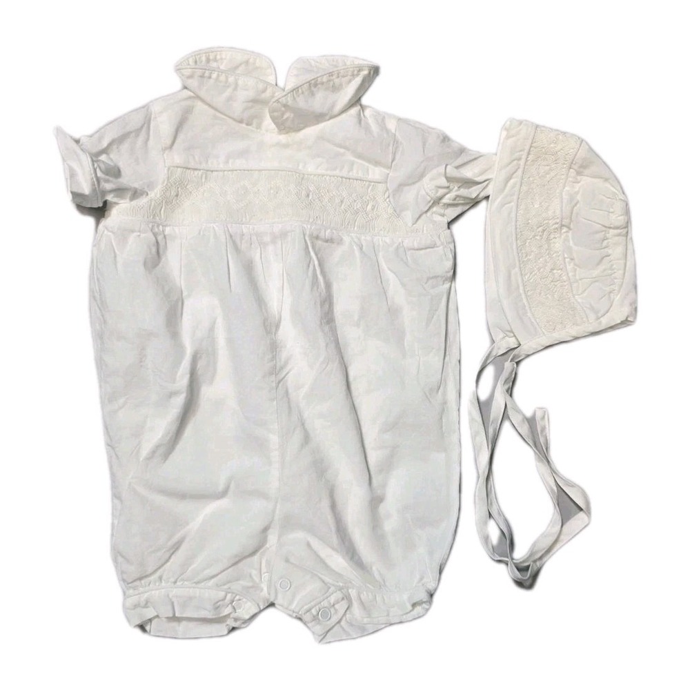 Kitestrings By Hartstrings Baby Romper 0-3 Months White With Bonnet Smocked